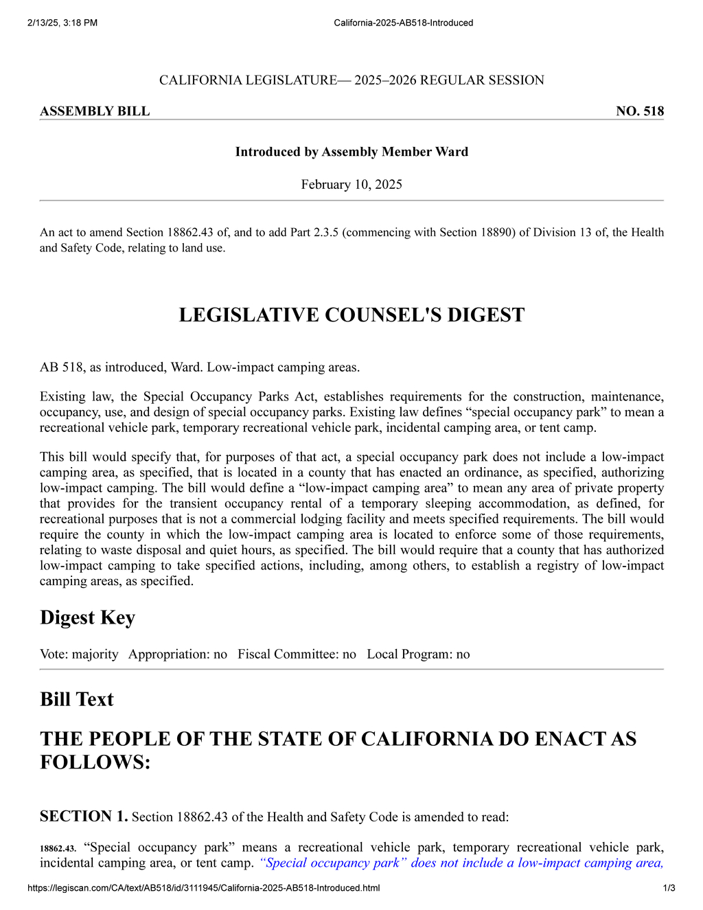 Assembly Member Ward proposes California bill for low-impact camping regulations
