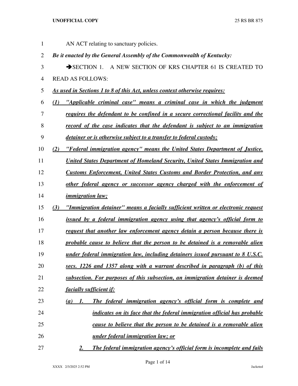 Kentucky prohibits local governments from adopting sanctuary policies for undocumented immigrants