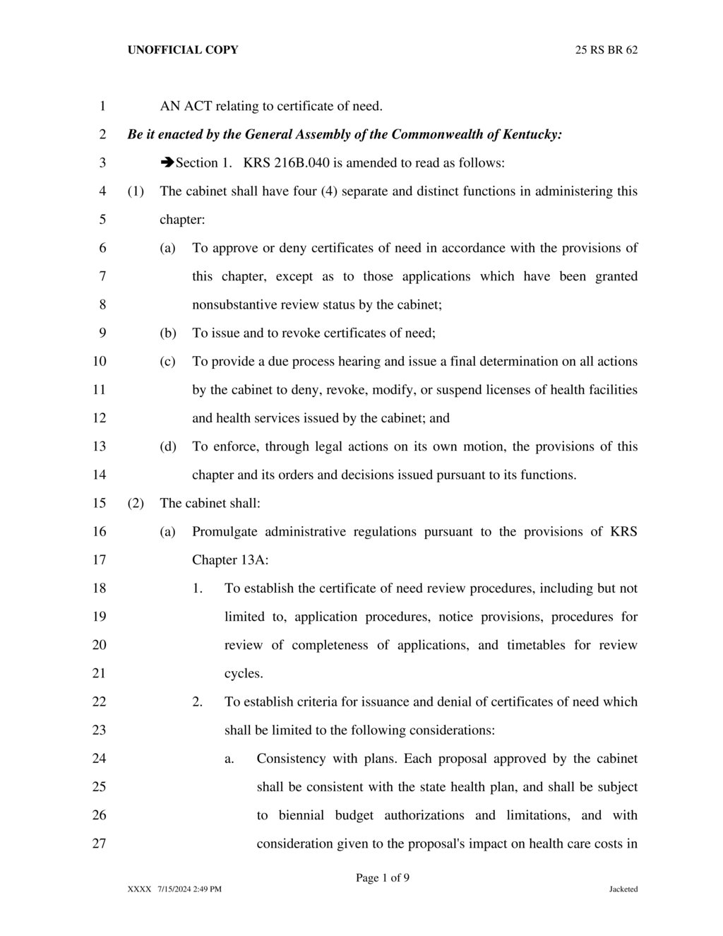 Kentucky General Assembly amends certificate of need regulations for health facilities
