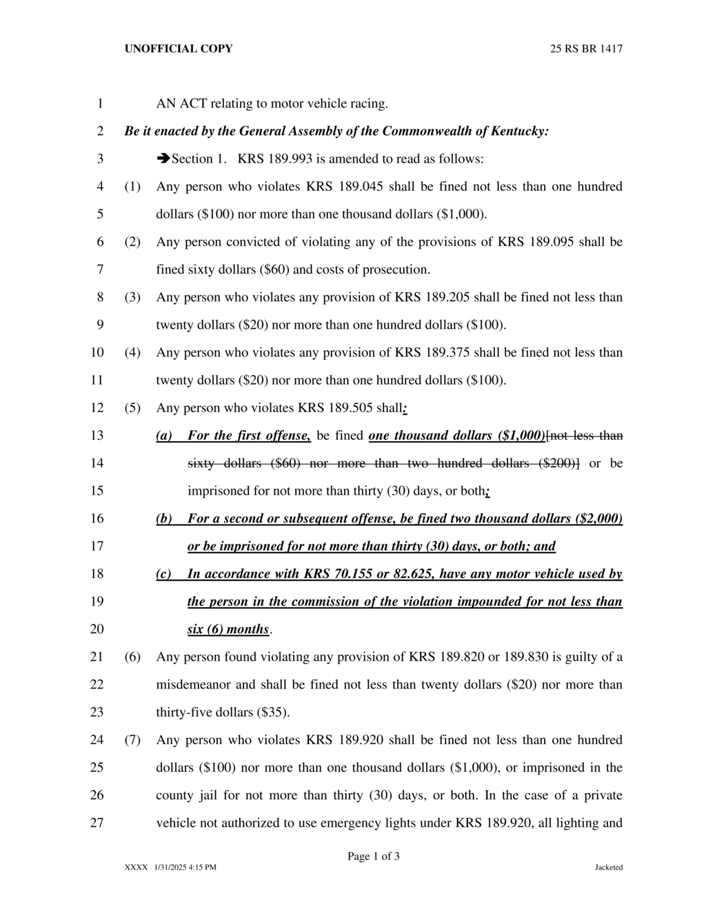 Kentucky General Assembly amends motor vehicle racing penalties and fines