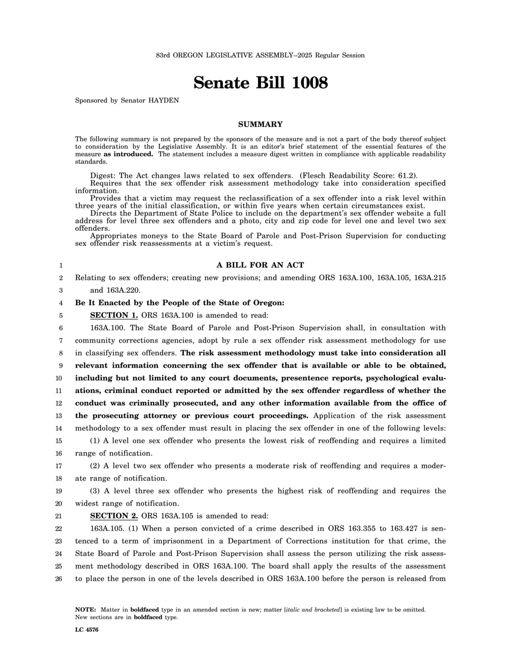 Oregon Senate Bill 1008 mandates sex crime risk assessments post-incarceration
