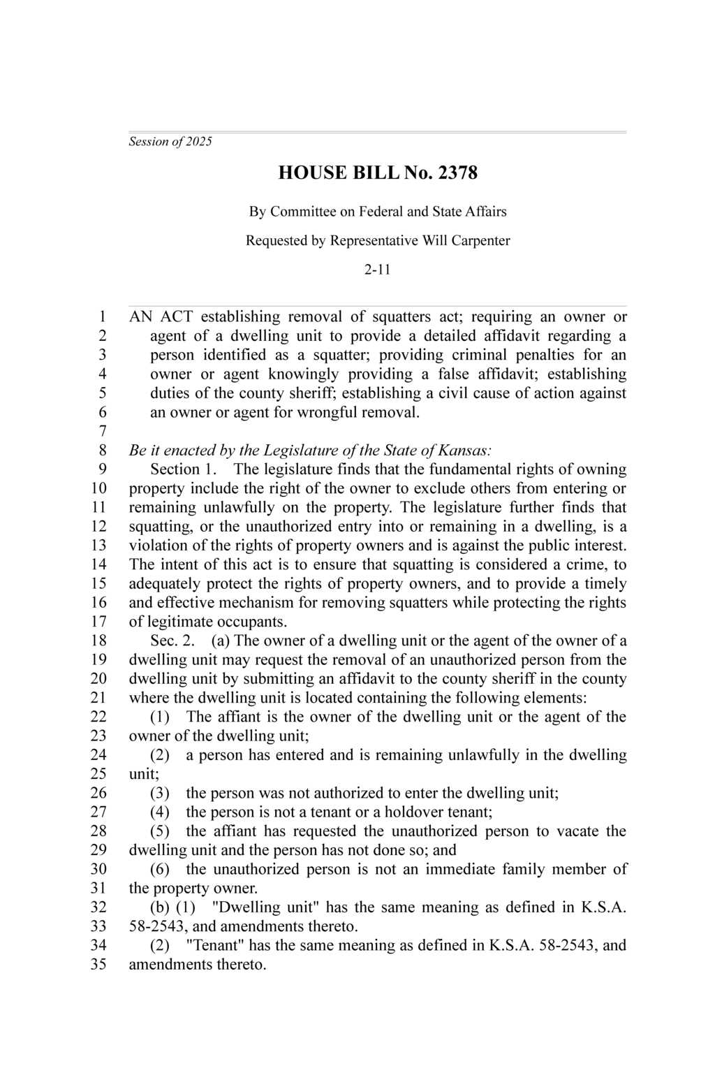 Kansas Legislature advances removal of squatters act under House Bill 2378