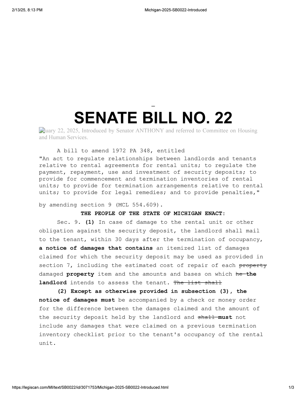 Senator Anthony introduces Michigan Bill to update rental security deposit regulations