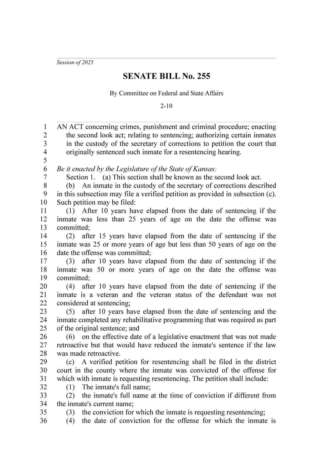 Kansas Legislature enacts second look act for inmate resentencing opportunities