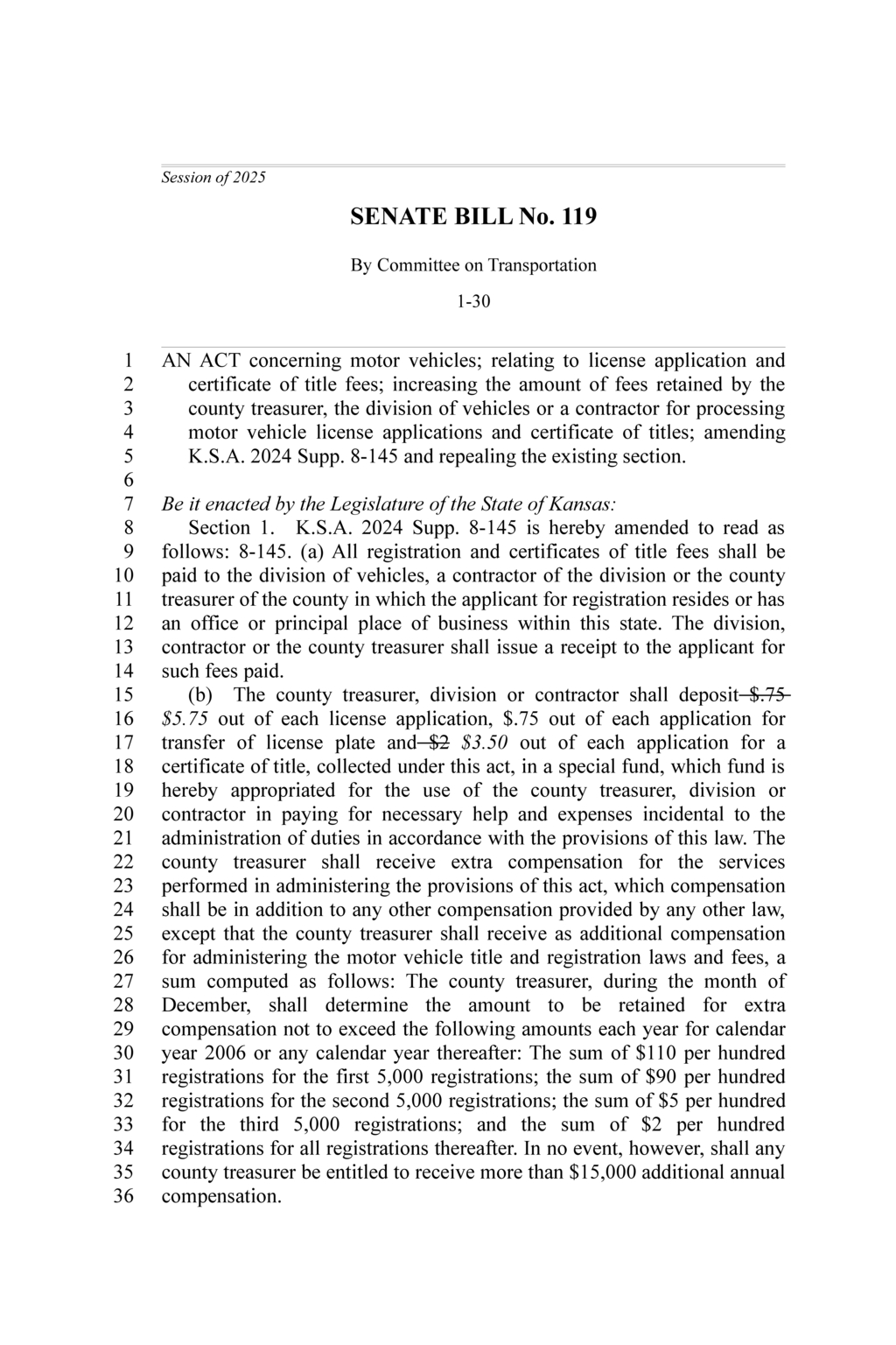 Kansas Senate approves increased vehicle license and title fees
