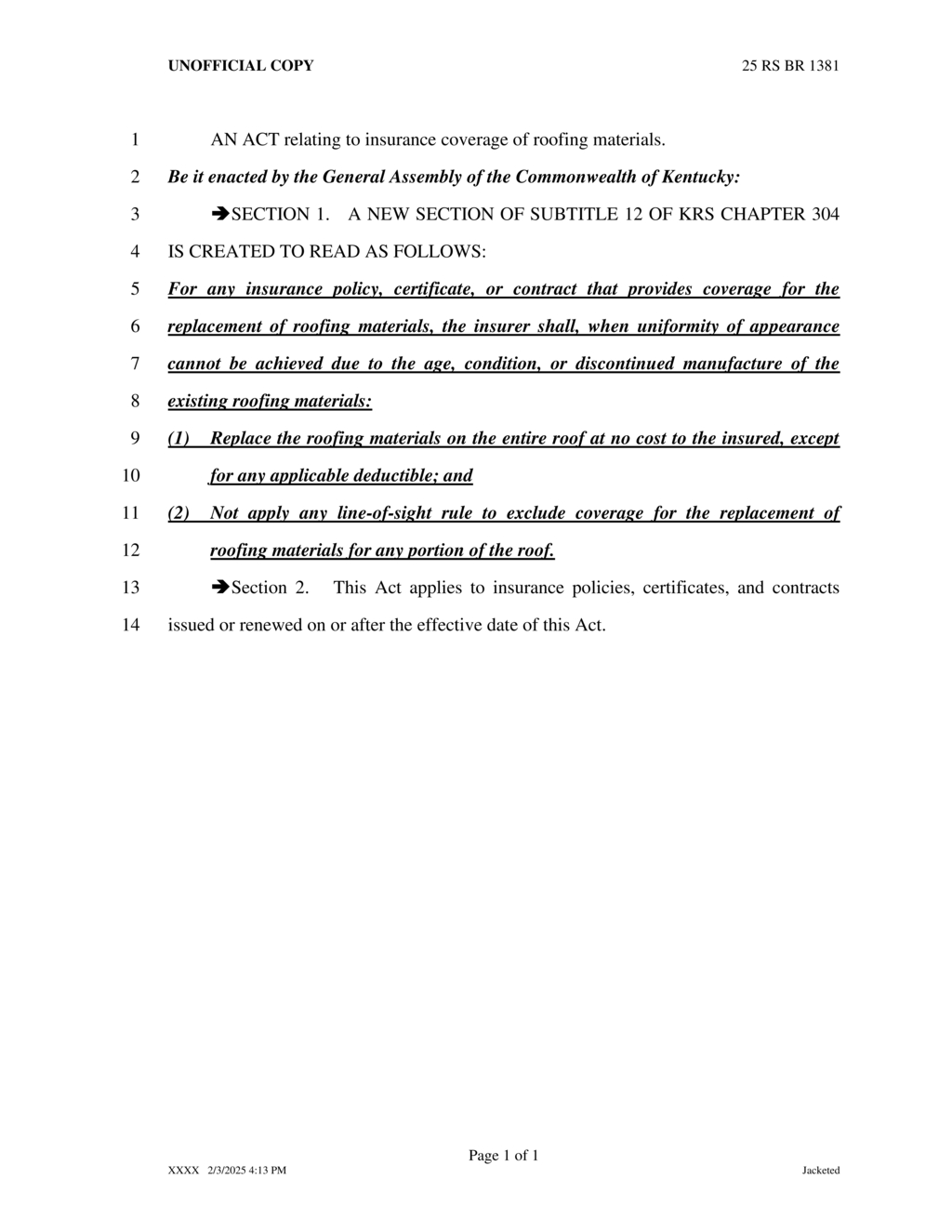 Kentucky enacts law mandating full roofing material insurance coverage
