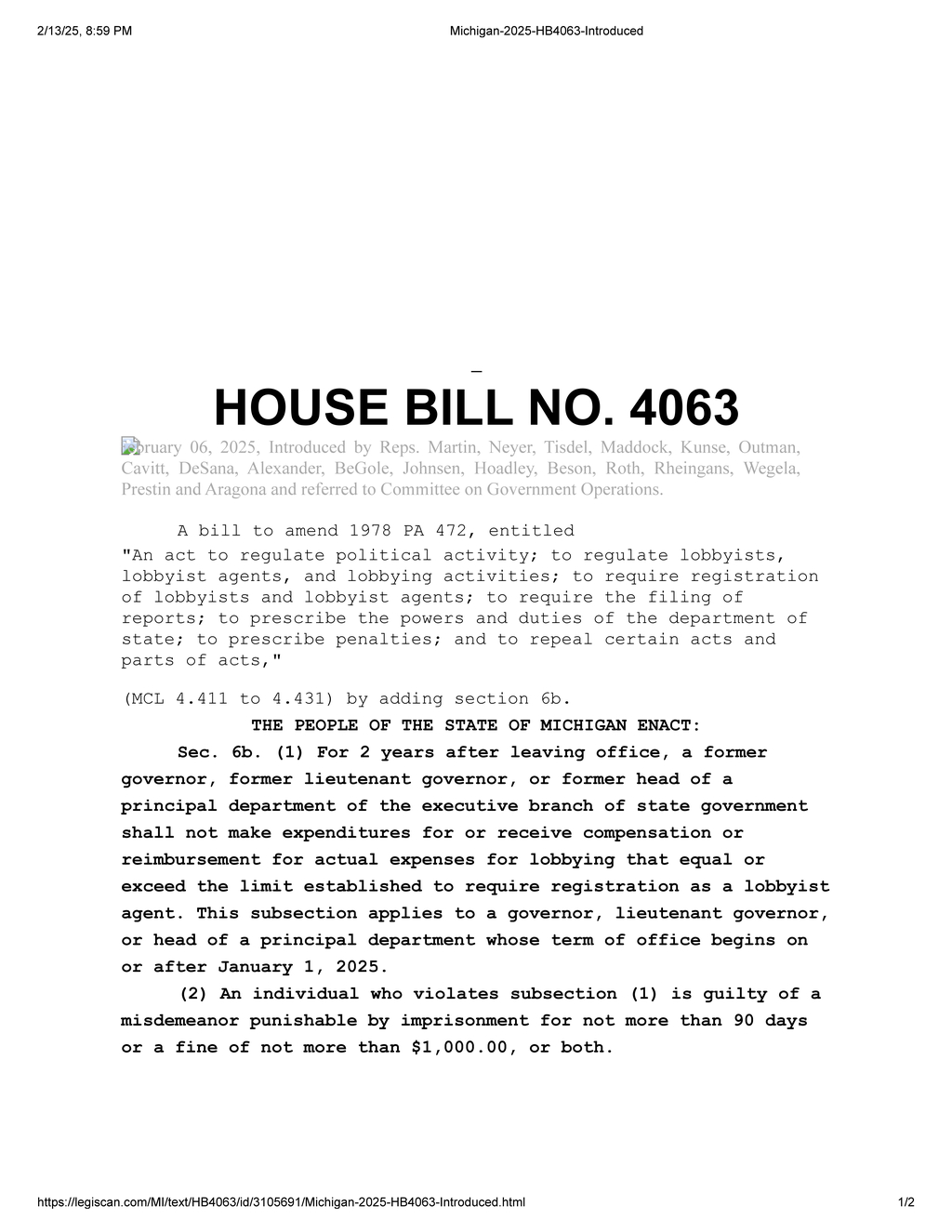 Michigan House introduces bill restricting lobbying by former governors and officials