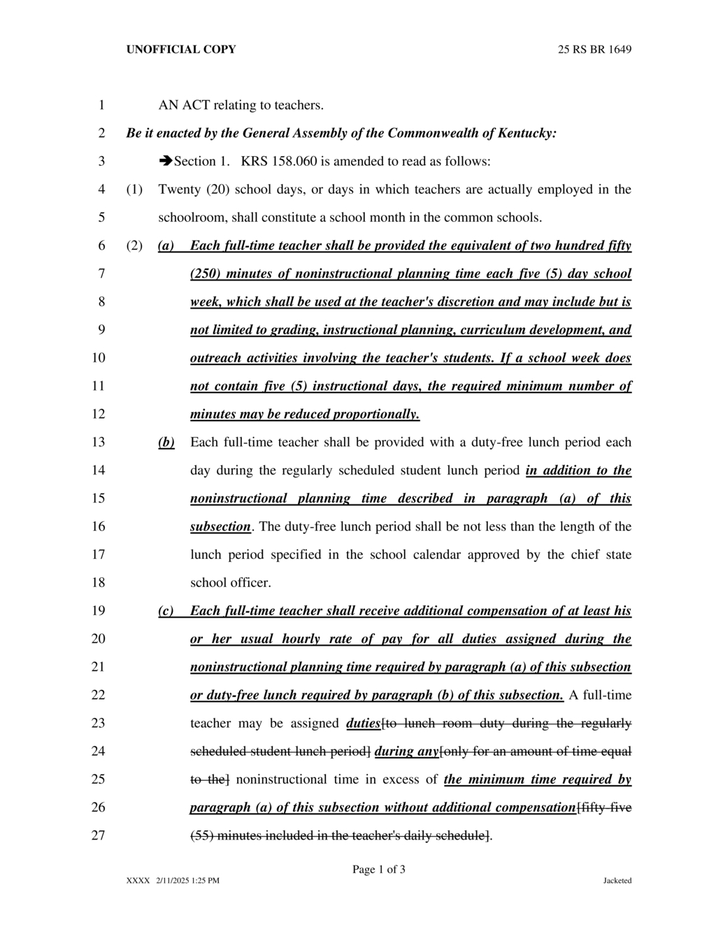 Kentucky enacts law ensuring teachers' planning time and duty-free lunches