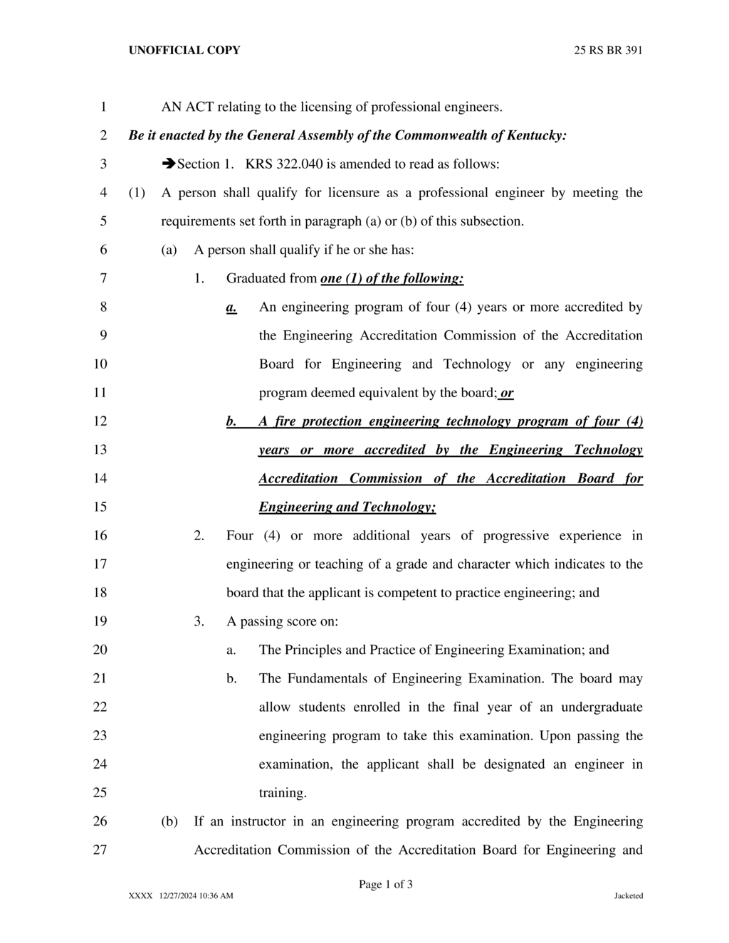 Kentucky General Assembly updates licensure requirements for professional engineers