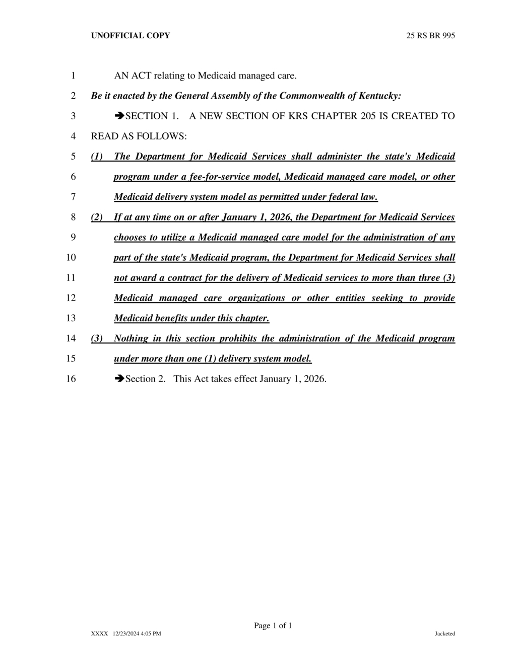 Kentucky General Assembly enacts new Medicaid managed care contract regulations