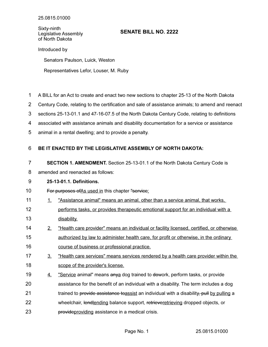 North Dakota Assembly amends disability documentation requirements for assistance animals