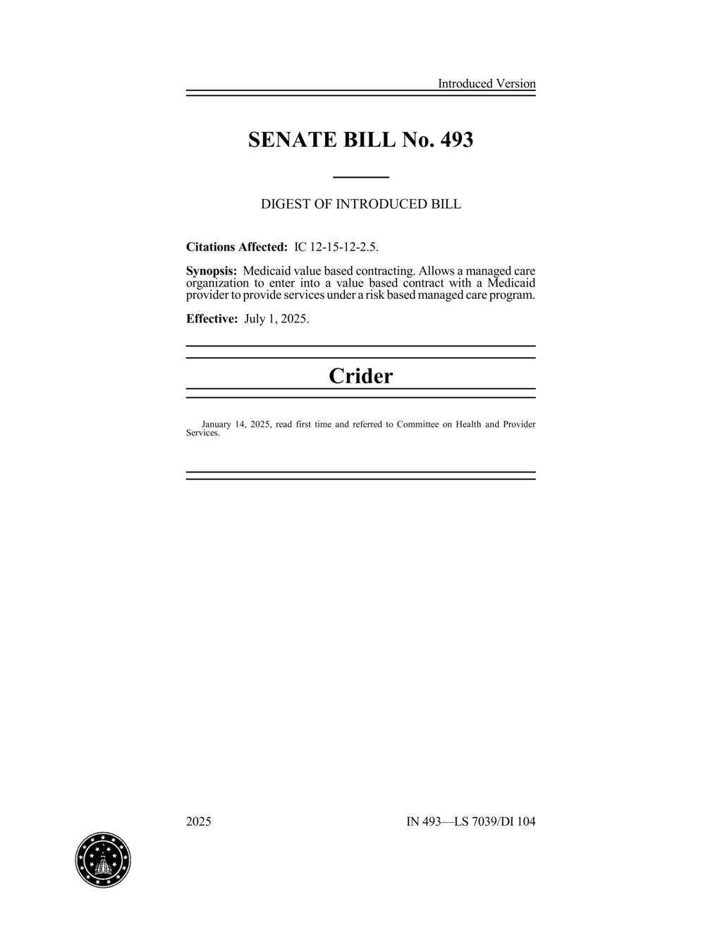 Indiana General Assembly introduces Medicaid value based contract bill