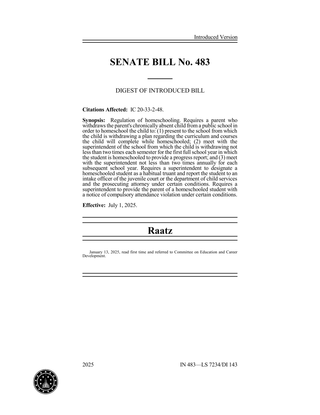 Indiana Senate Bill 483 mandates oversight for homeschooling withdrawals