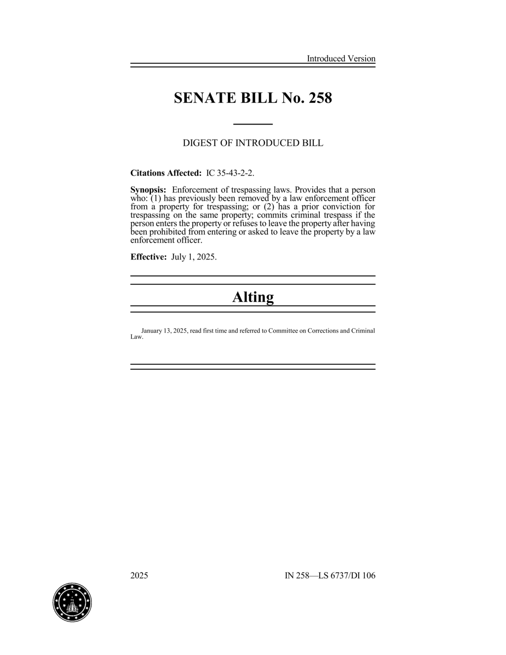 Senate Bill 258 enhances enforcement of trespassing laws in Indiana