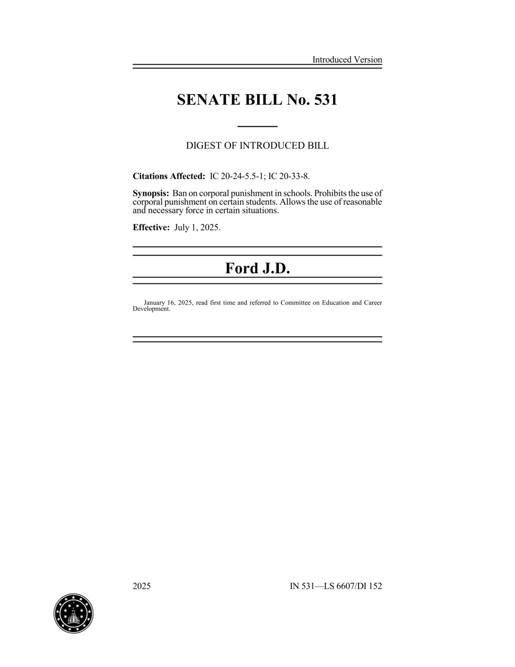 Indiana Senate Bill 531 bans corporal punishment in schools starting July 2025