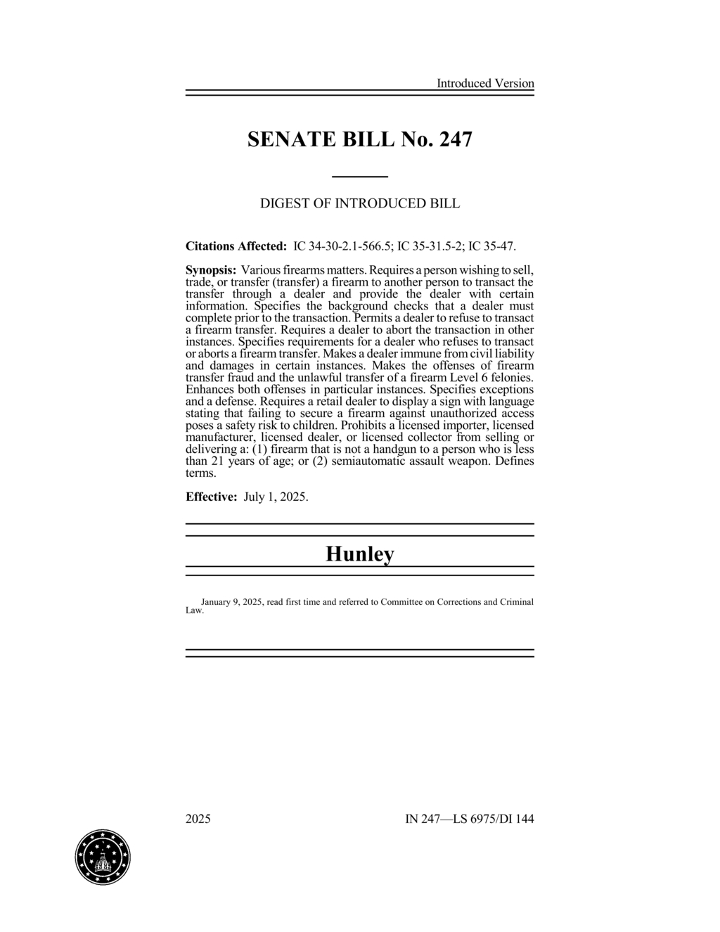 New bill prohibits sale of semiautomatic assault weapons in Indiana