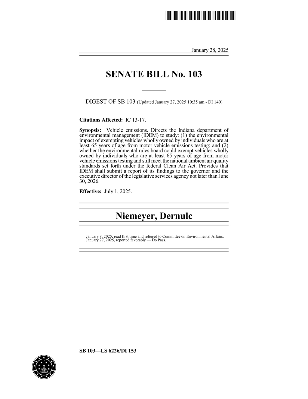 Indiana General Assembly reviews environmental impact of vehicle emissions testing exemption