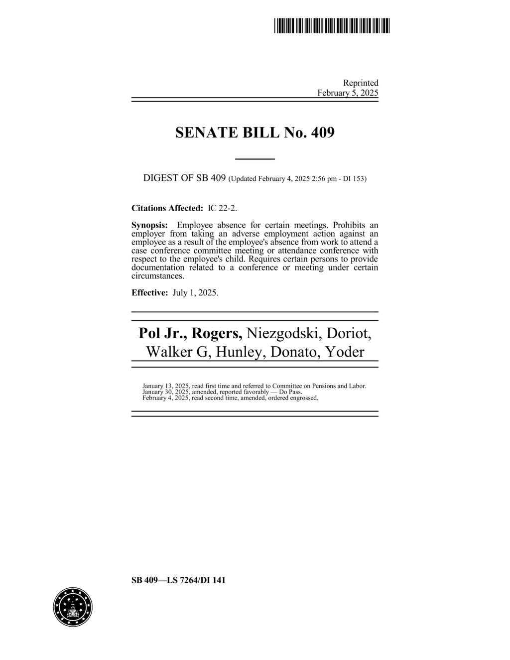 Indiana Senate passes SB 409 protecting employees at child case conferences