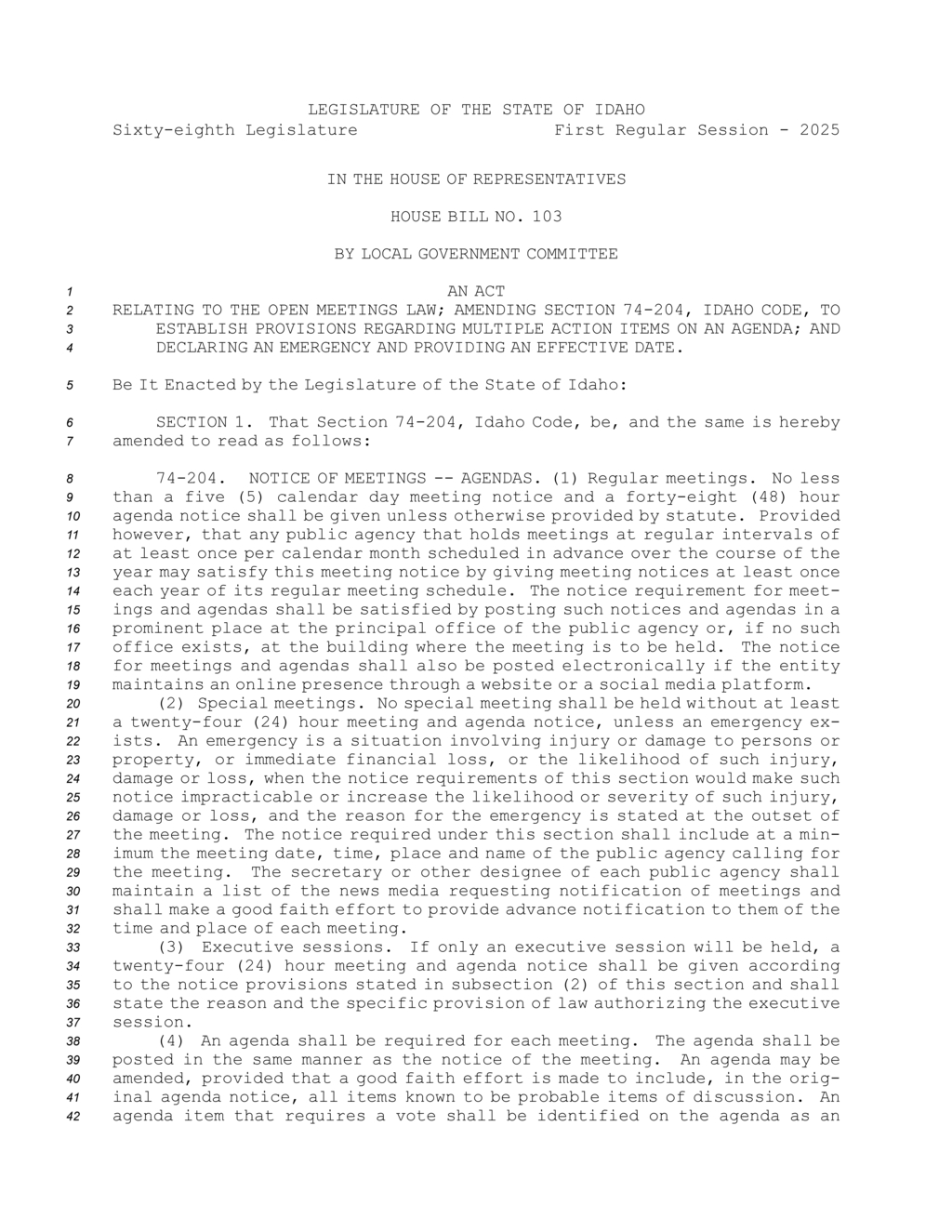 Idaho House passes bill amending open meetings law for agenda items