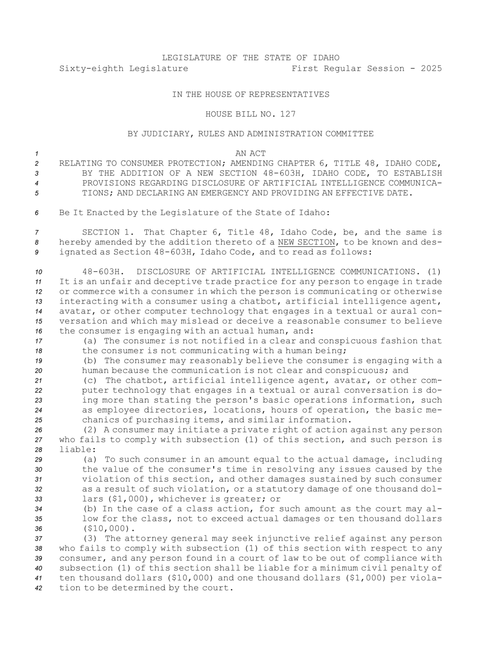Idaho House passes consumer protection bill on AI communications disclosure