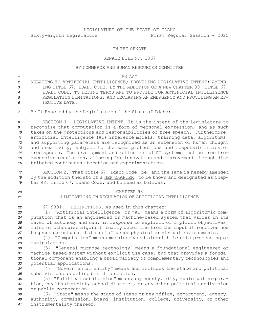 Legislature limits government regulation of artificial intelligence development and usage