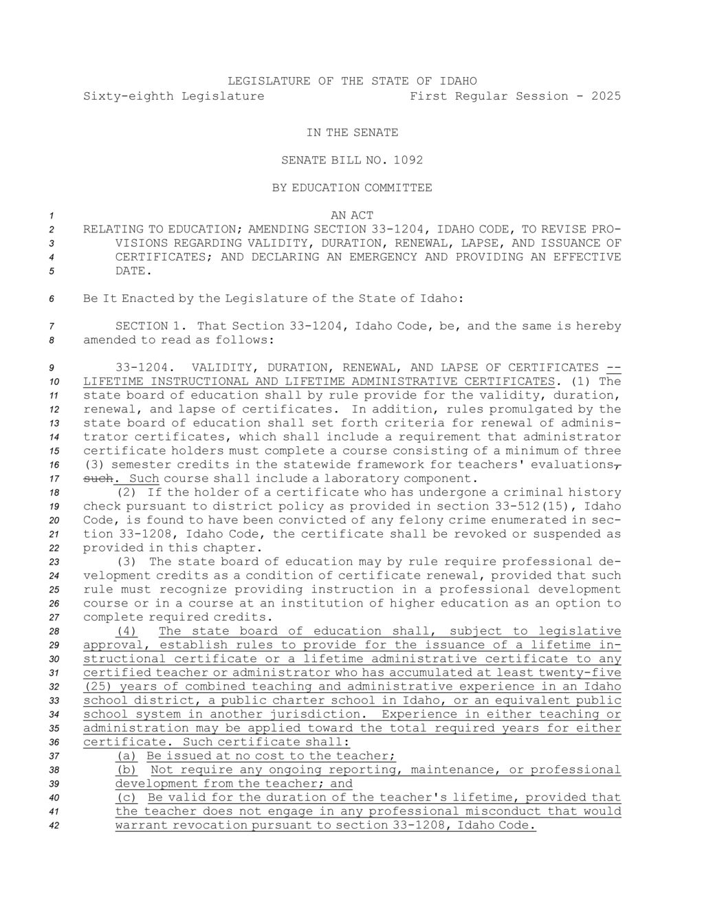 Idaho Senate passes Bill 1092 for lifetime teaching certificates