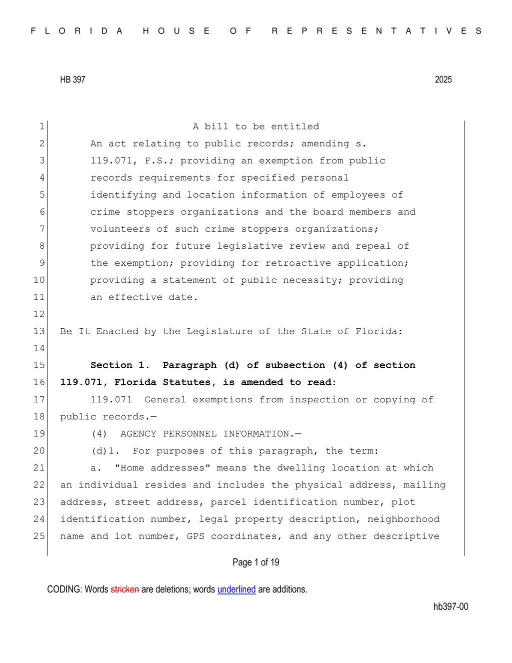 Florida House passes HB 397 to protect personal information of domestic violence advocates