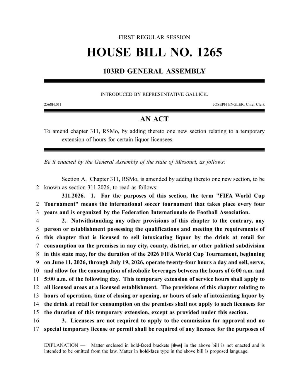 Missouri House Bill extends liquor sales hours during 2026 FIFA World Cup
