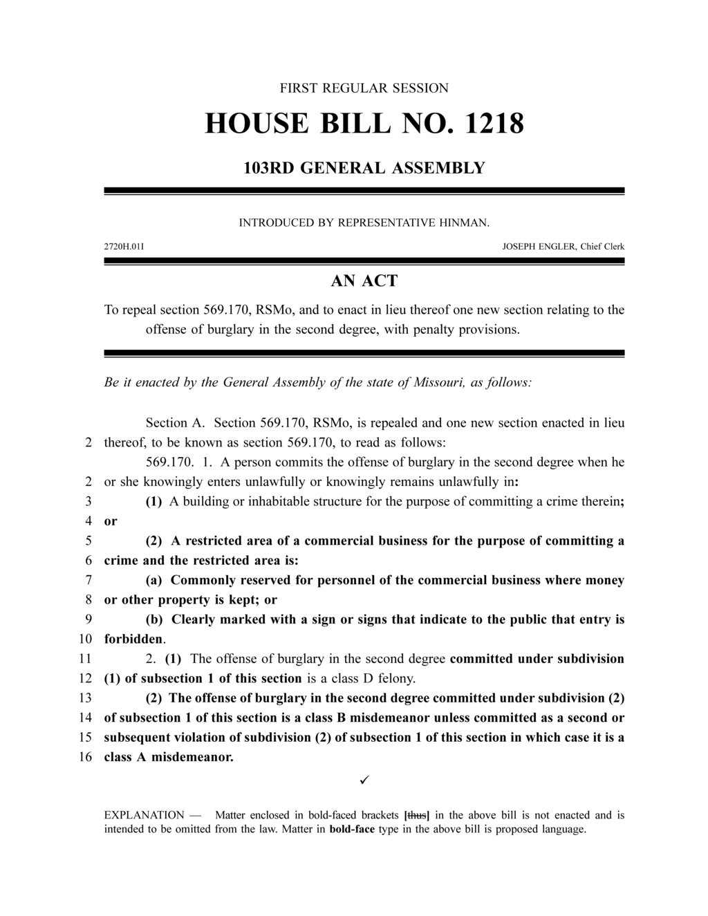 Missouri House passes Bill 1218 to reform second degree burglary laws