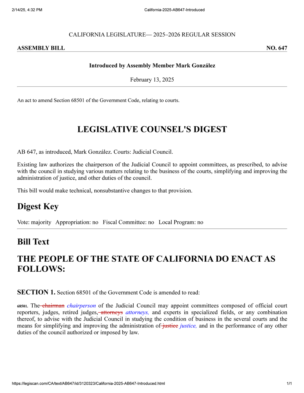 Mark González introduces AB 647 to amend Judicial Council appointment procedures