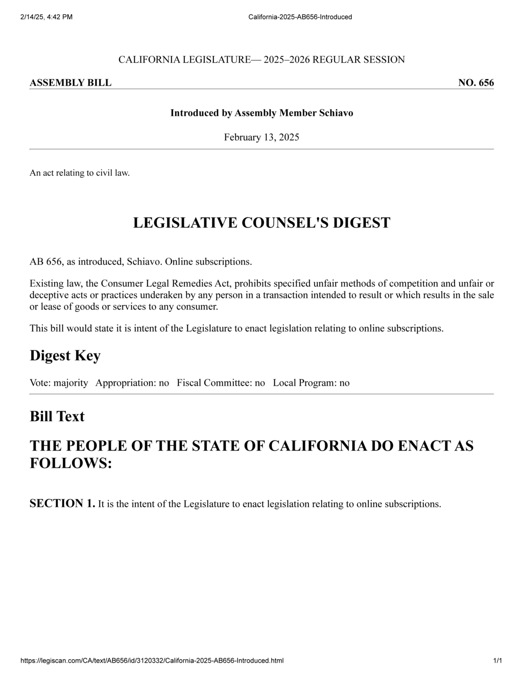 Assembly Member Schiavo introduces AB 656 on online subscription regulations