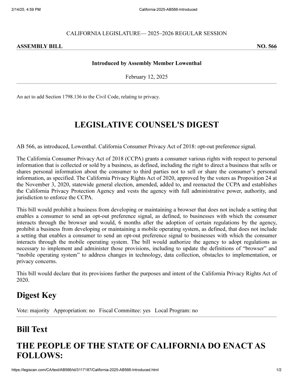 Assembly Member Lowenthal introduces AB 566 for enhanced consumer privacy in California