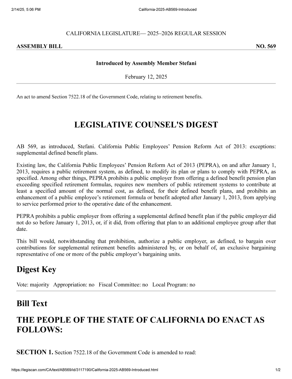 Assembly Member Stefani introduces AB 569 to amend pension benefit regulations