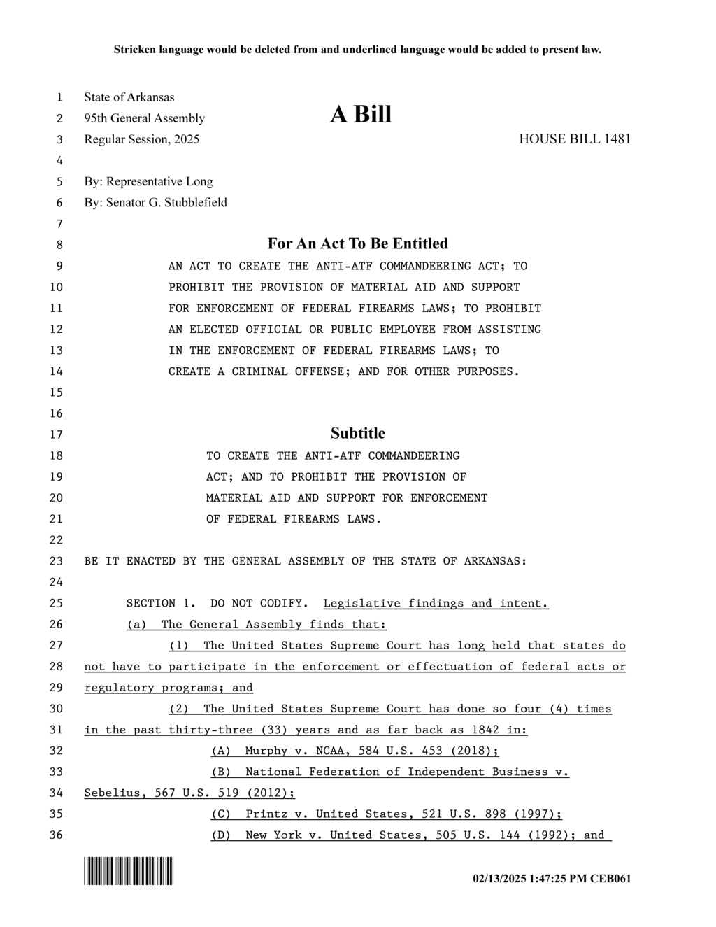 Arkansas lawmakers pass HB1481 limiting enforcement of federal firearms laws