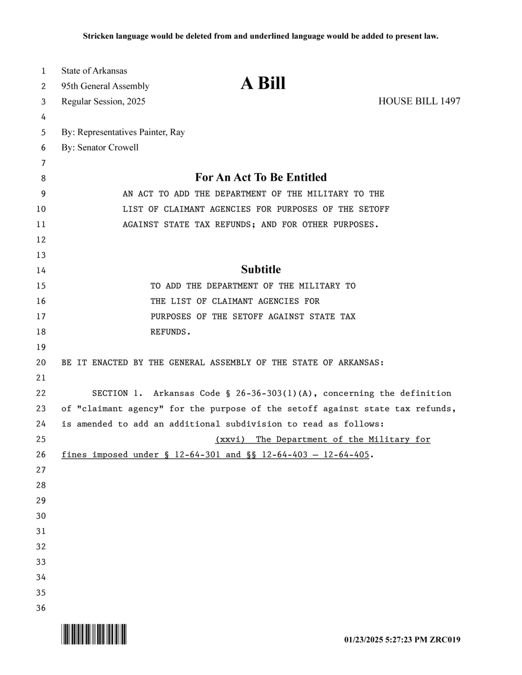 Arkansas legislature adds Department of Military to state tax refund claimant agencies