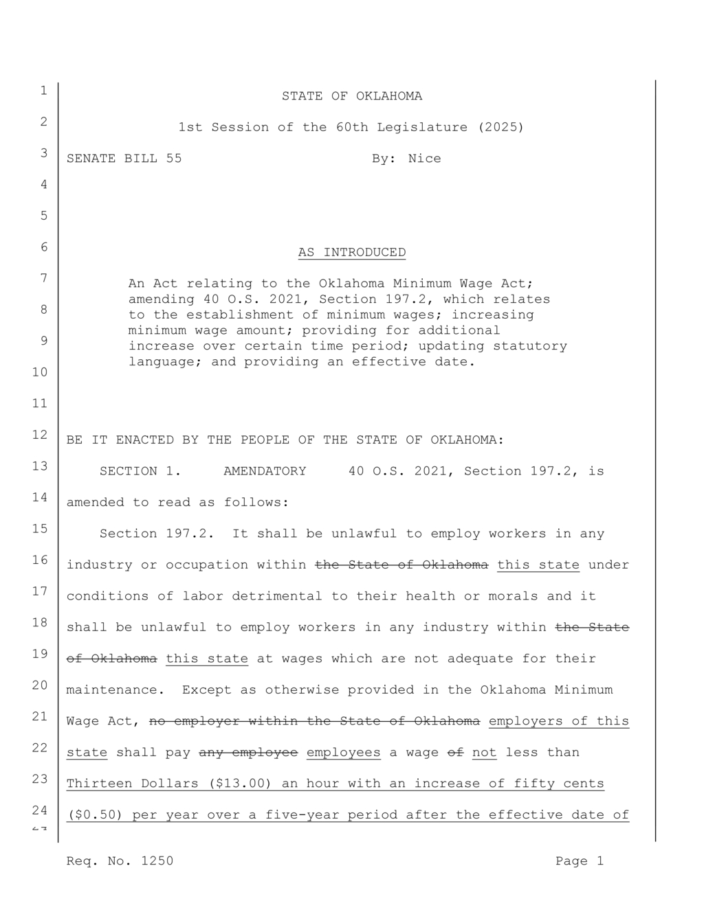 Oklahoma Senate Bill 55 proposes gradual minimum wage increase to $15 by 2030