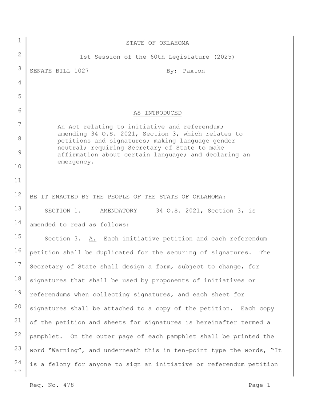 Oklahoma Legislature amends initiative petition language for gender neutrality