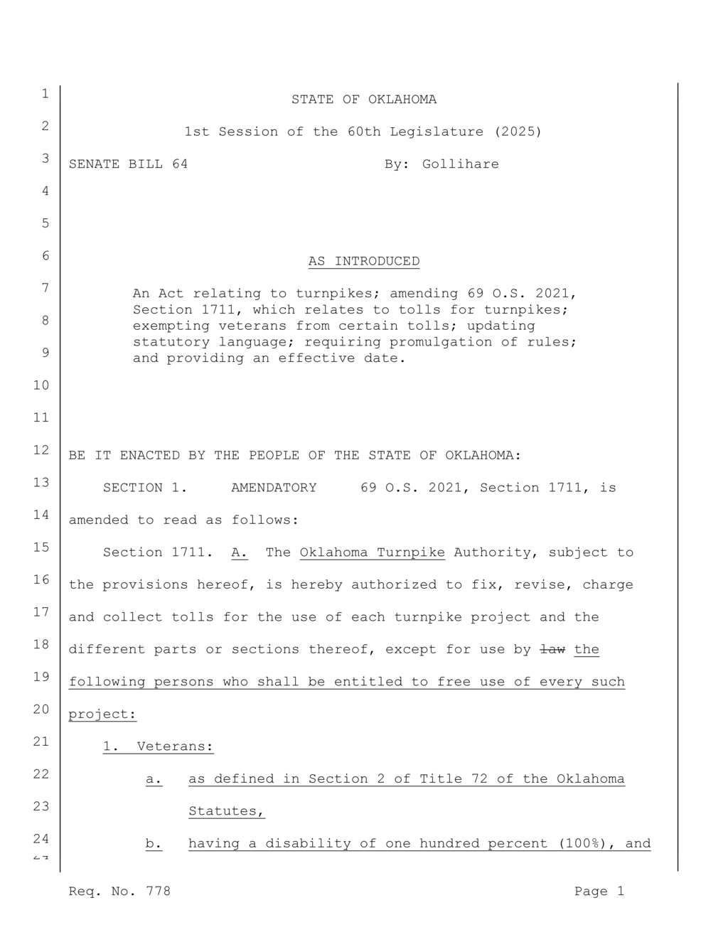 Oklahoma Senate Bill 64 exempts veterans from turnpike tolls