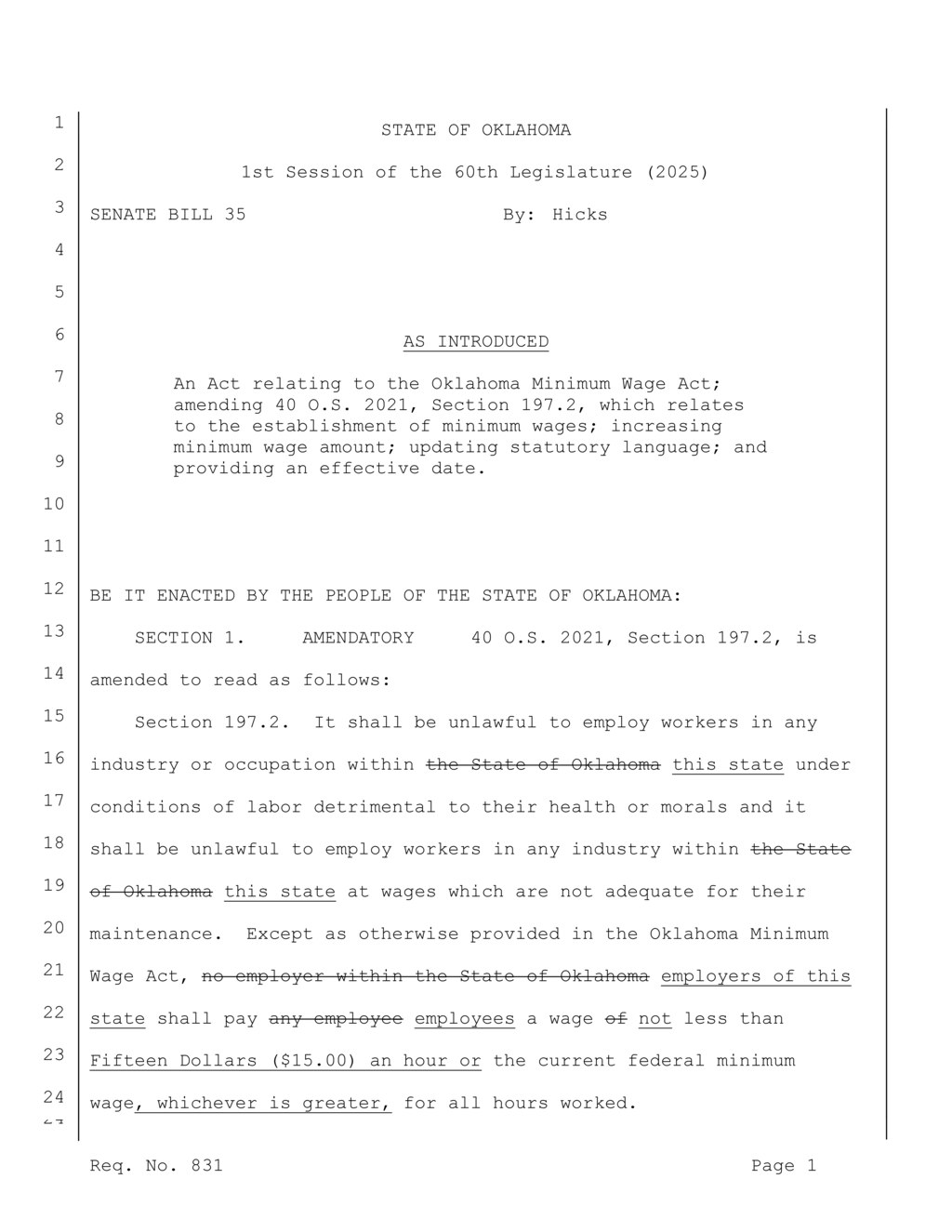 Oklahoma Senate approves bill to raise minimum wage to $15 per hour