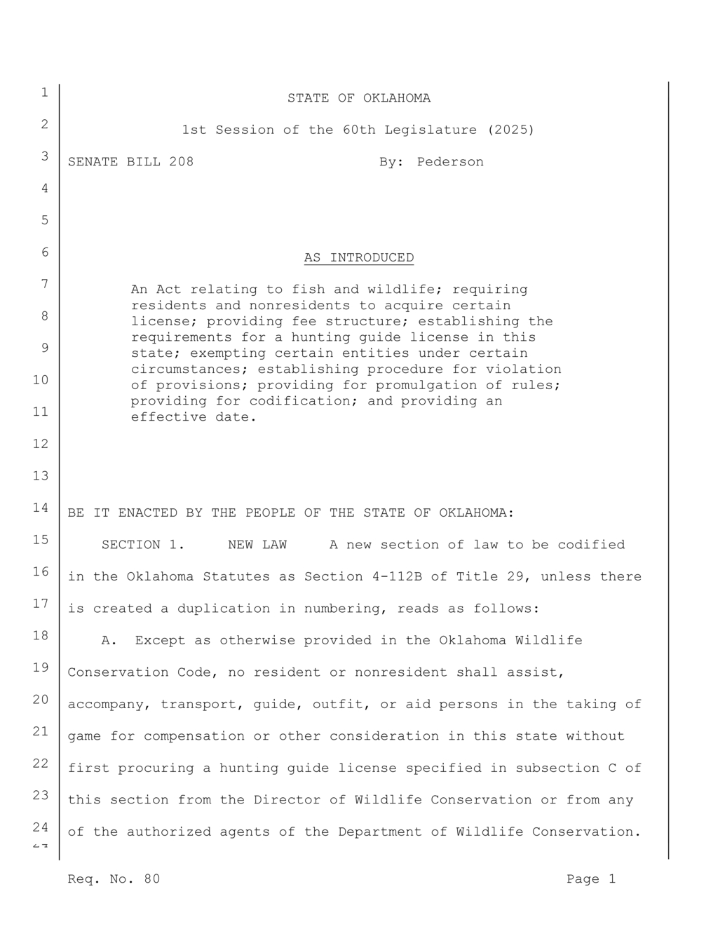 Oklahoma Senate introduces Bill 208 for mandatory hunting guide licenses