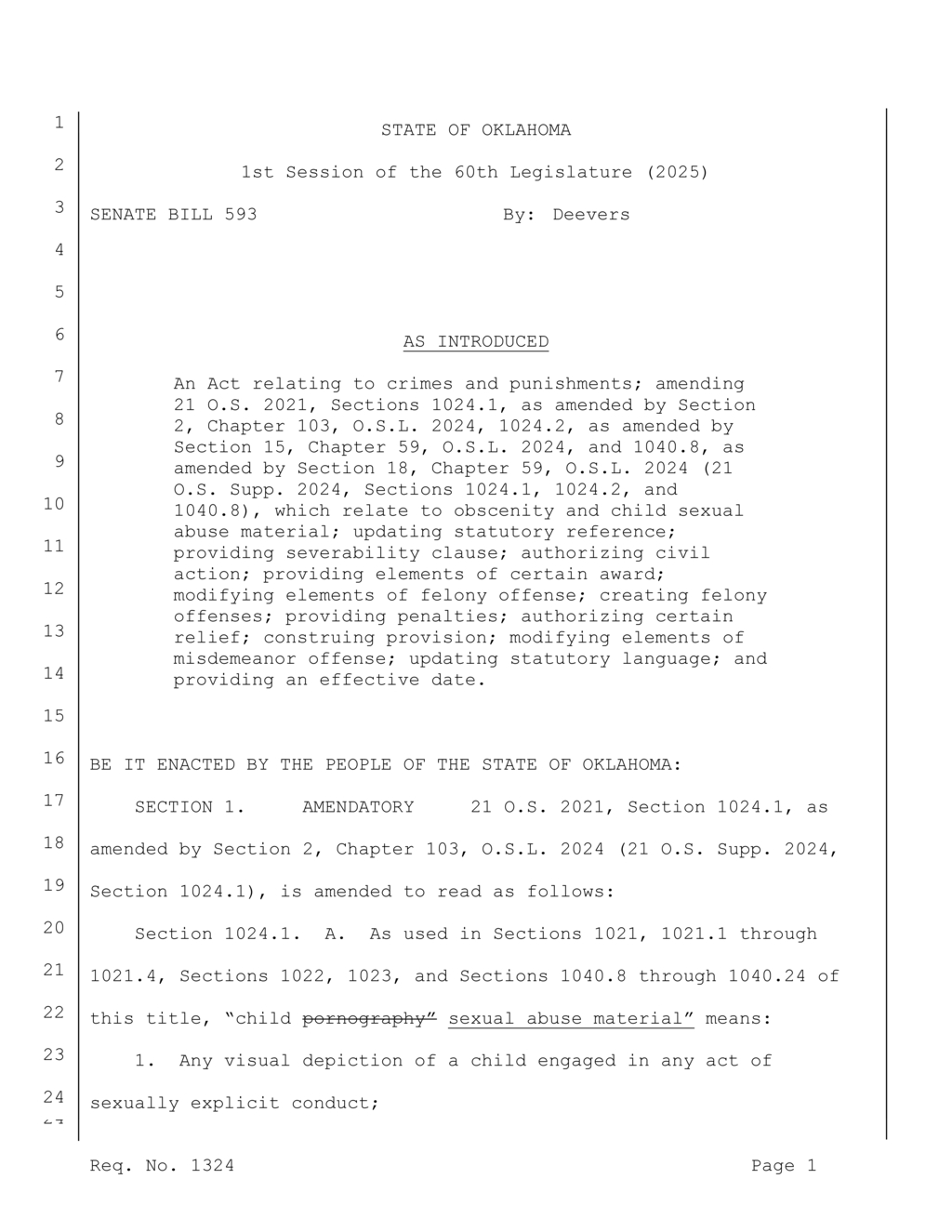 Oklahoma amends law on distribution of obscene materials and child exploitation