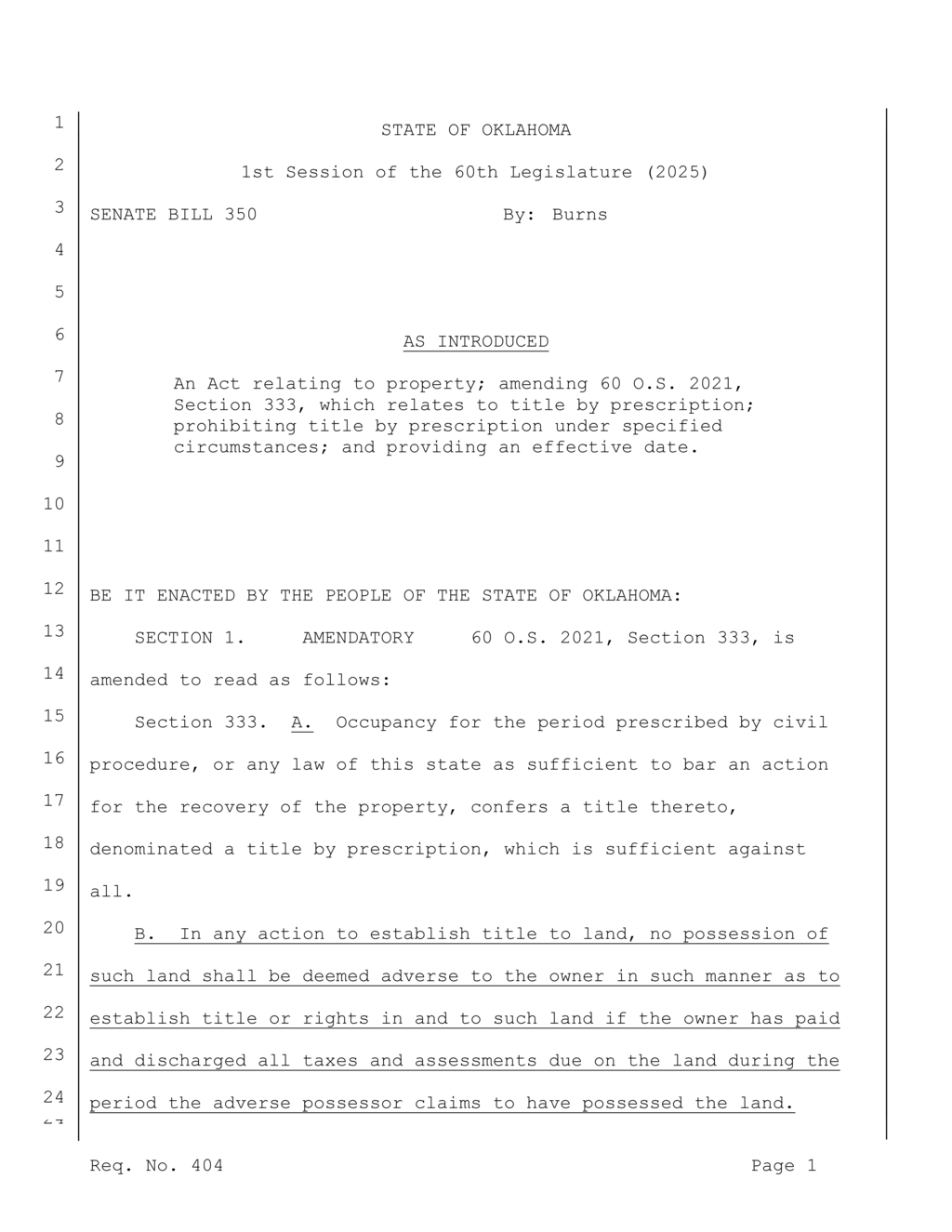 Oklahoma Senate Bill 350 amends property title laws on adverse possession