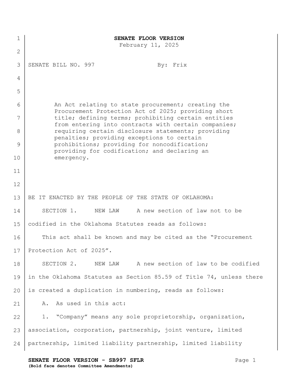 Oklahoma Senate passes SB997 to restrict state contracts with foreign adversaries