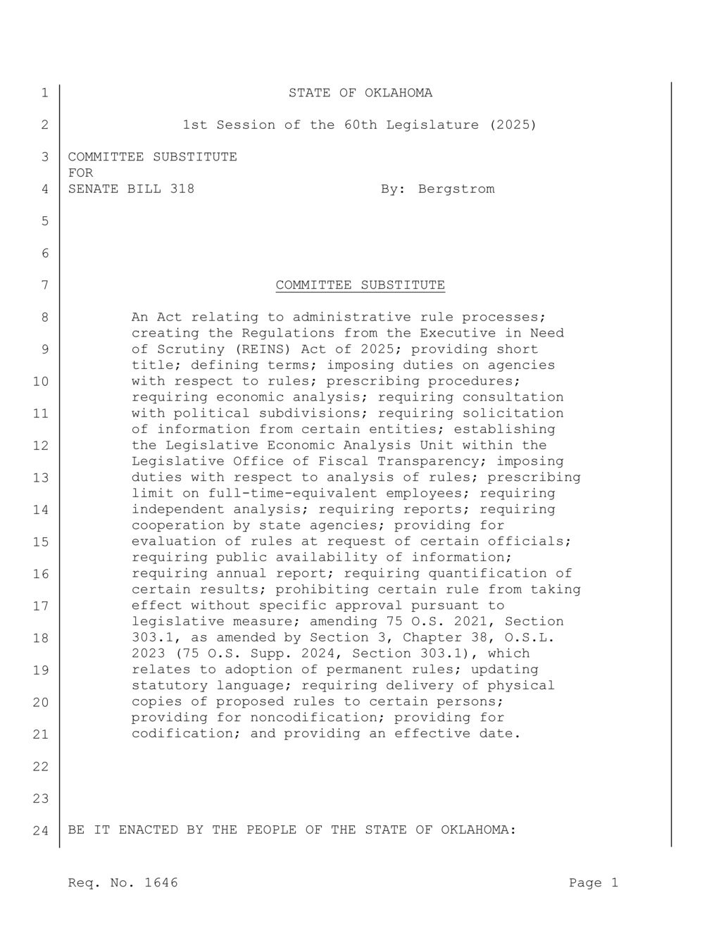 Oklahoma introduces REINS Act to scrutinize agency regulations and cost impacts
