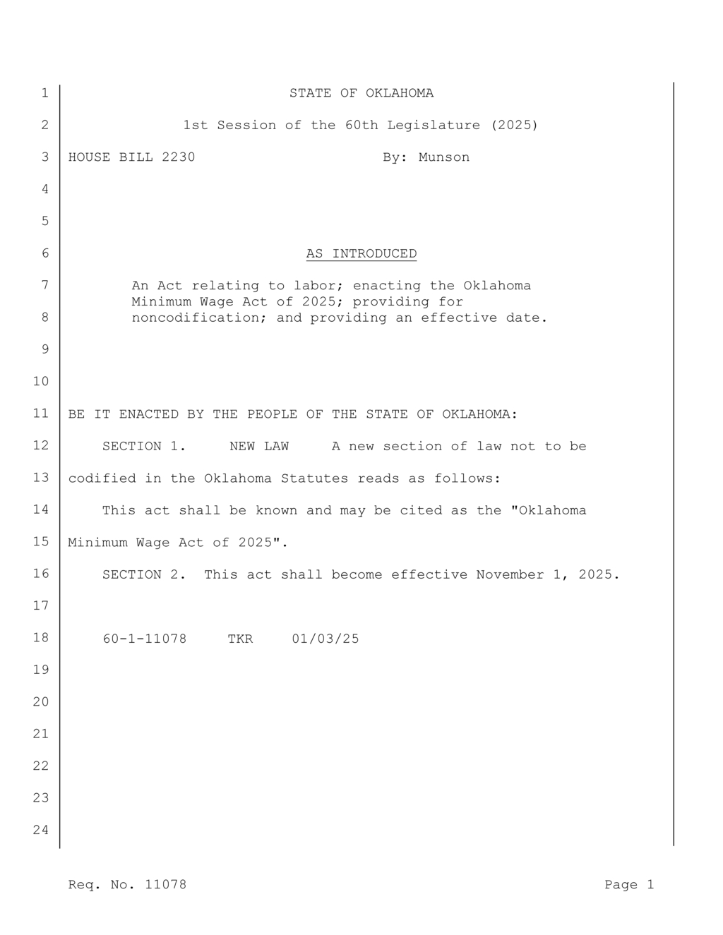 Oklahoma Legislature introduces Minimum Wage Act set for November 2025