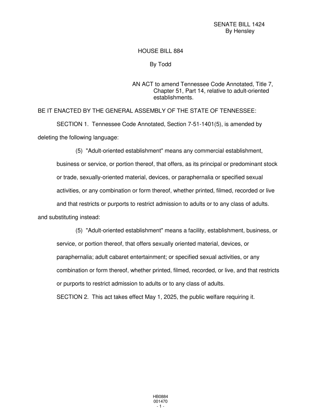 Tennessee Legislature amends definition of adult-oriented establishments with House Bill 884