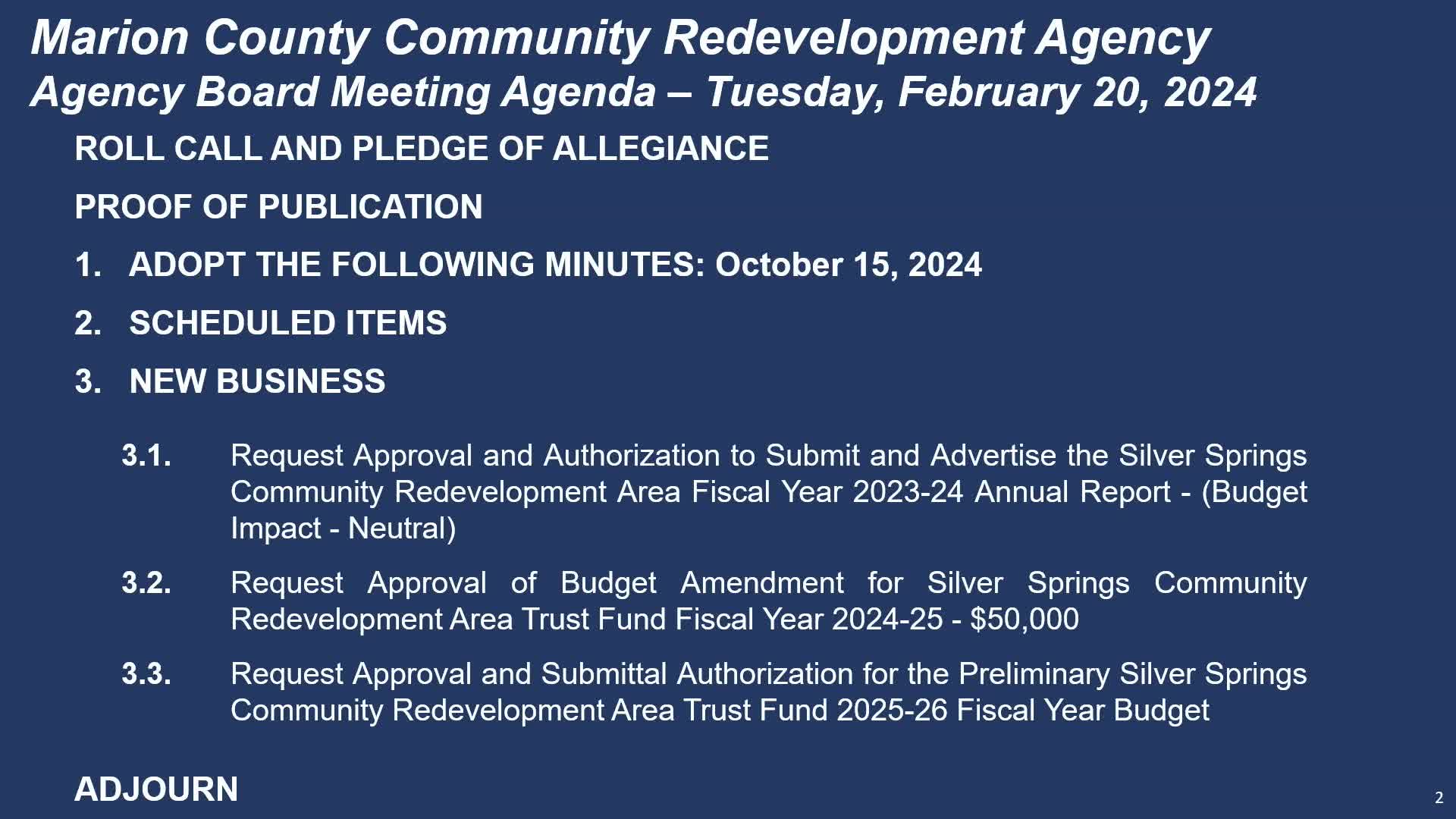 Marion County CRA approves Silver Springs annual report, funds design work and forwards preliminary FY2025-26 budget to county