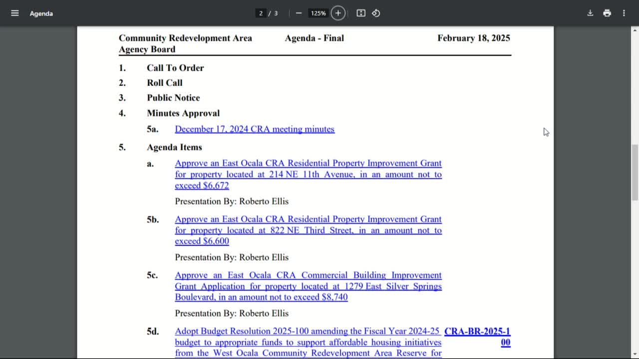 Ocala CRA board approves multiple property-improvement grants, budget amendment and advisory appointments