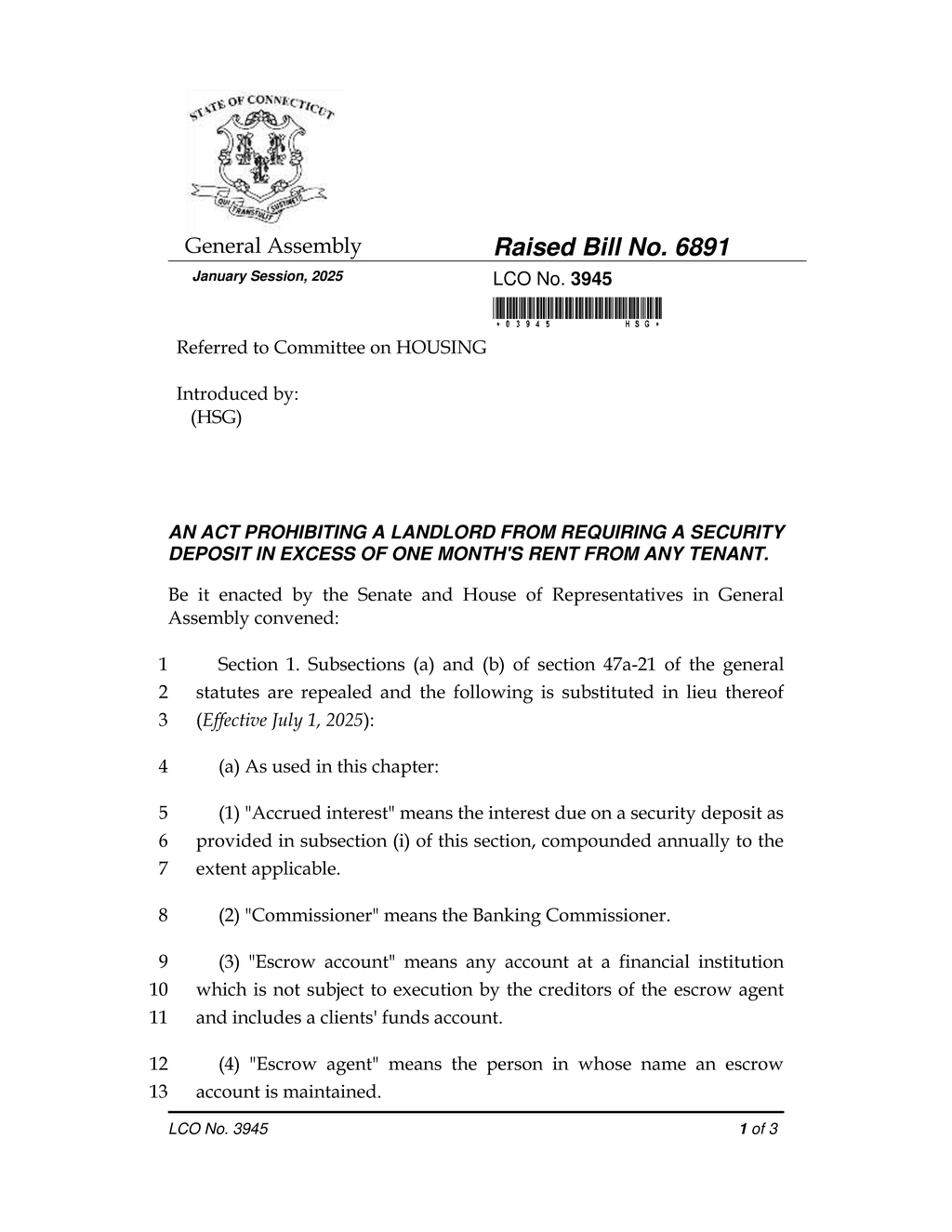 General Assembly proposes cap on security deposits for tenants