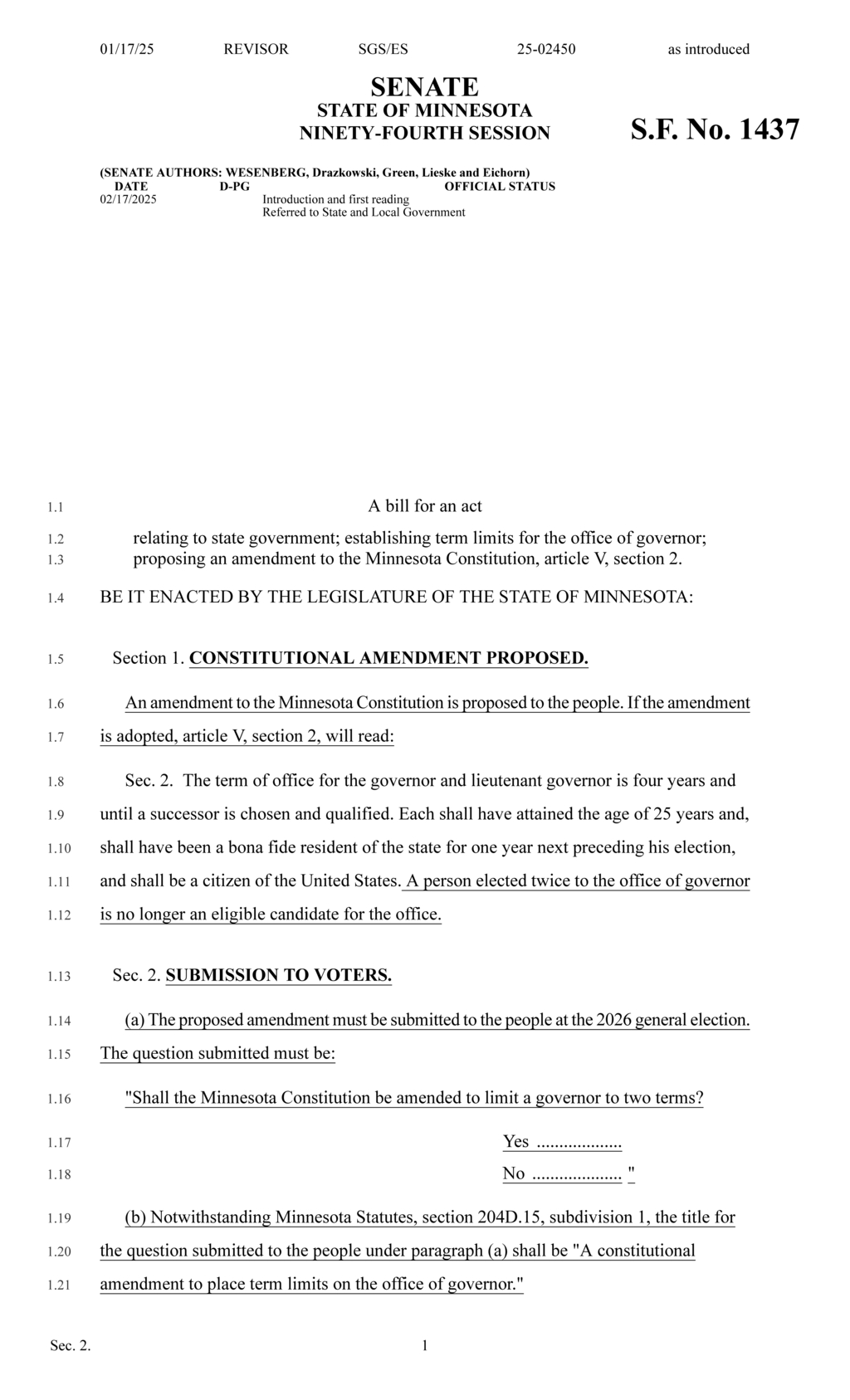 Minnesota proposes term limits for governor in constitutional amendment